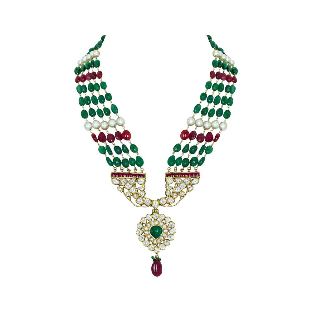 Multistrand Emerald Necklace with Polki Pendant and Ruby Drop